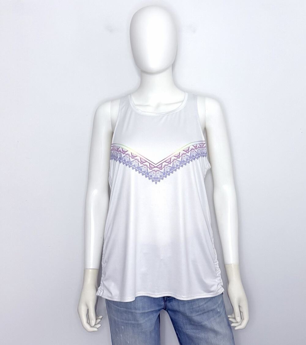 Lucky In Love Womens Tank Top L 12 White Geometric String Racerback Tennis NWOT